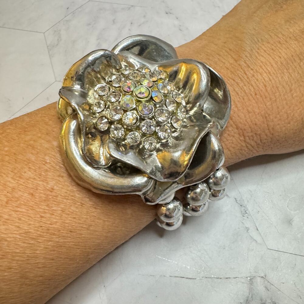 Large Flower Stretch Bracelet Corsage AB & Rhinestone Silver Tone Fashion